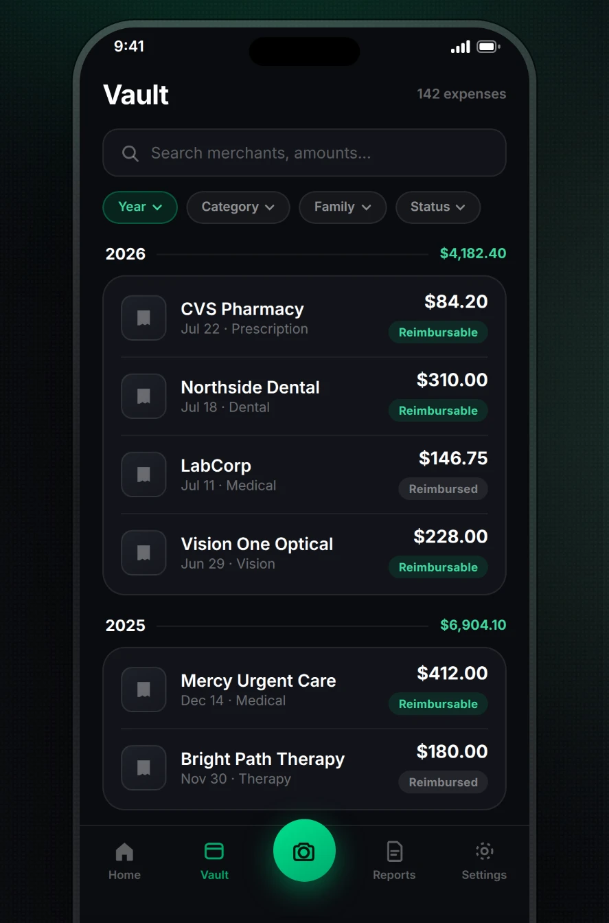 Reimby vault listing years of medical receipts by year and status