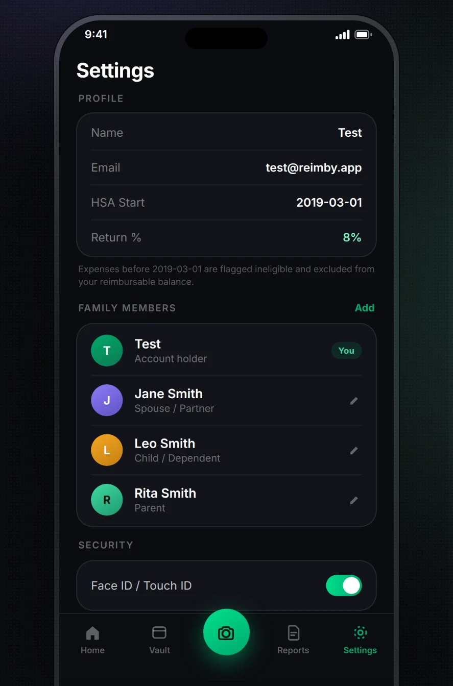 Reimby settings screen with family members and Face ID toggle