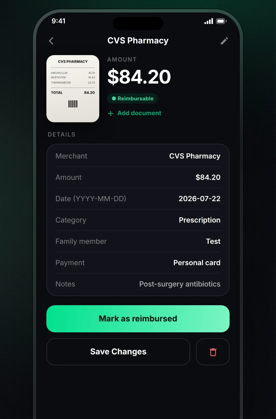 Reimby expense detail showing the stored receipt image and fields