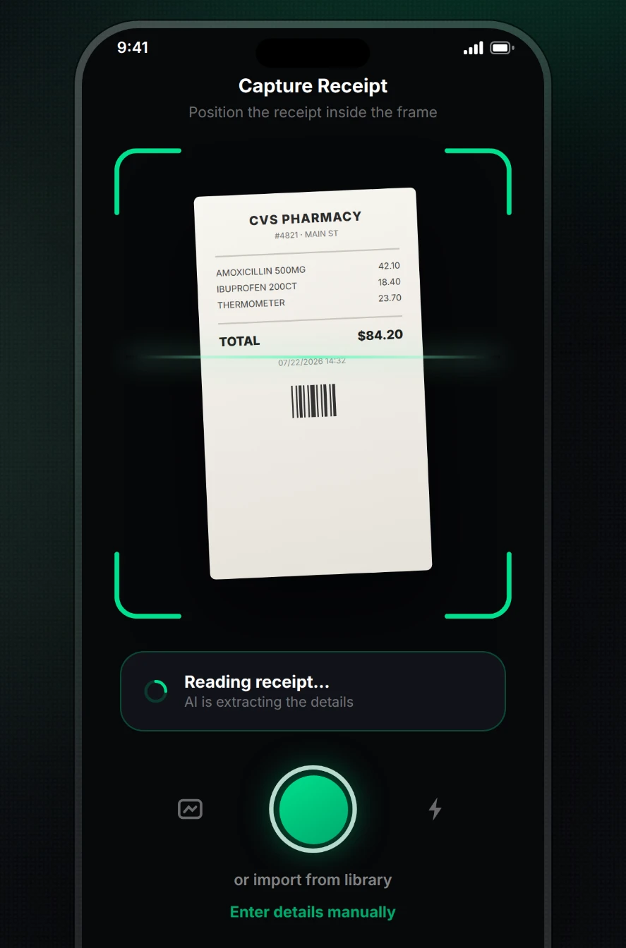 Reimby capture screen reading a CVS Pharmacy receipt with AI